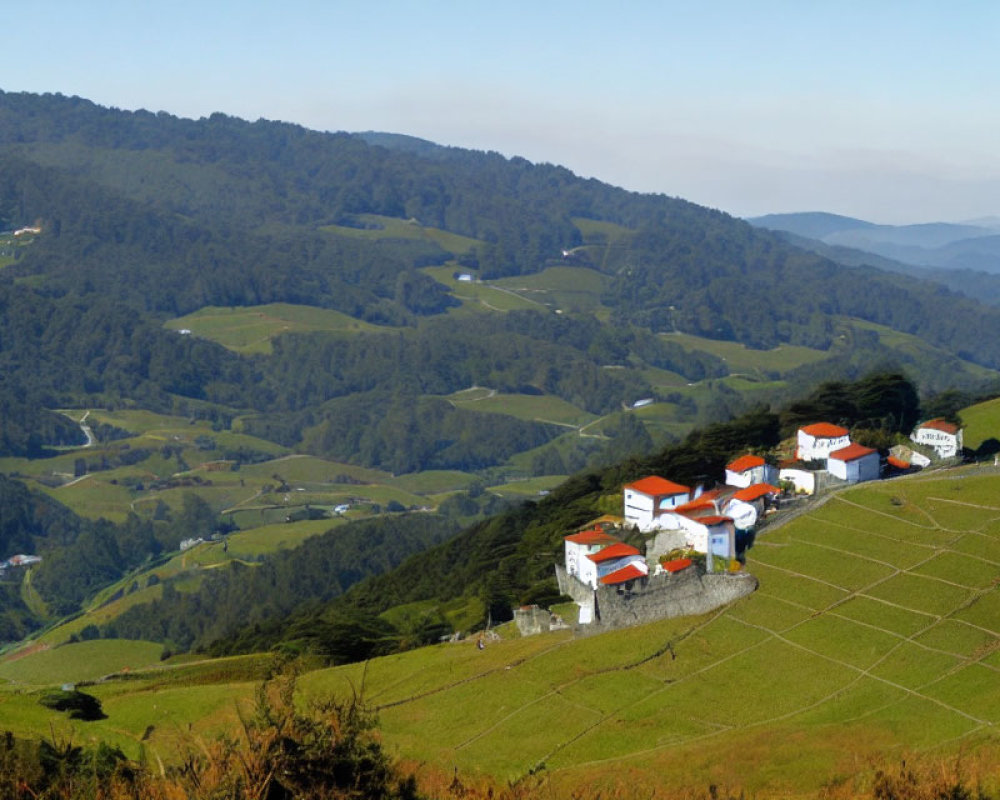 Scenic white houses on lush green hills with terraced fields and mountain backdrop