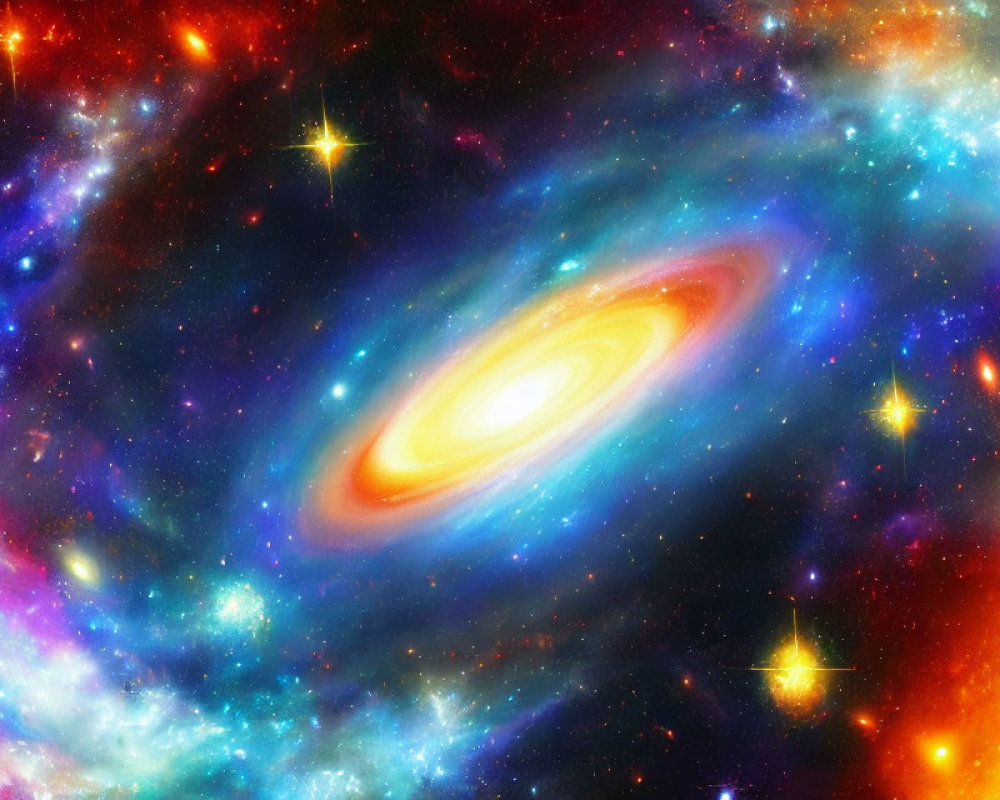 Colorful Spiral Galaxy Surrounded by Nebula and Stars