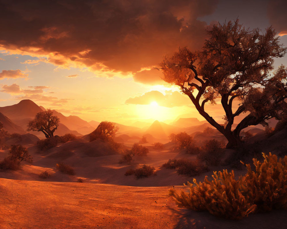 Desert Sunset with Rolling Dunes, Silhouette Tree, Bushes, and Mountains