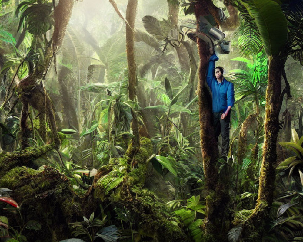 Lush jungle scene with person holding video camera