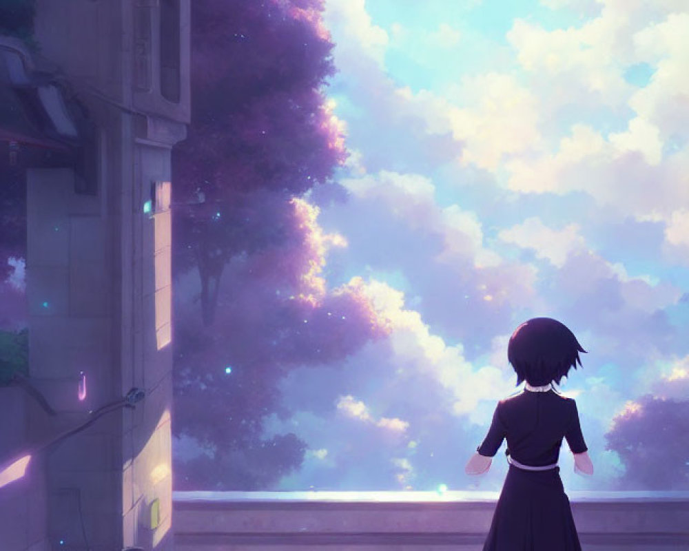 Short-haired girl on balcony admires dreamy pastel sky with fluffy clouds and soft light.
