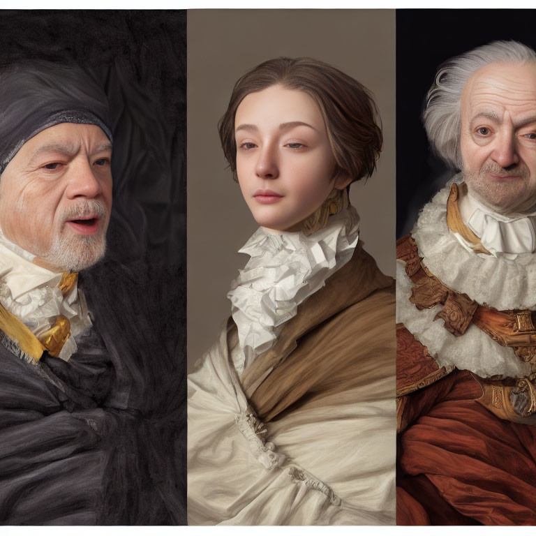 Three individuals in old-fashioned attire posing for classical portraits