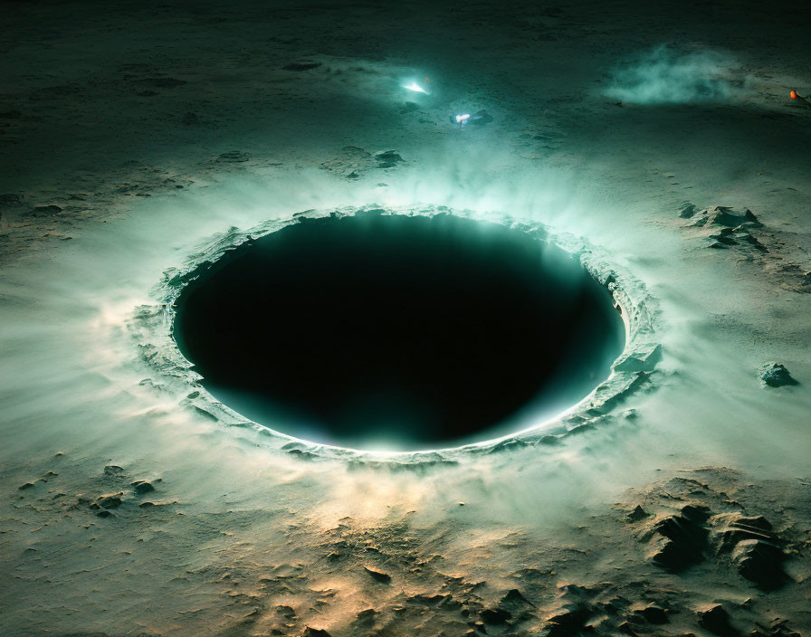 Circular Glowing Hole in Dark Rocky Terrain with Bright Lights