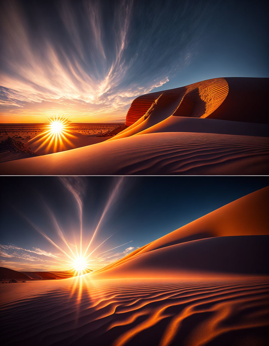 Sunset over rippling desert dunes with streaks of clouds and intense sunbursts