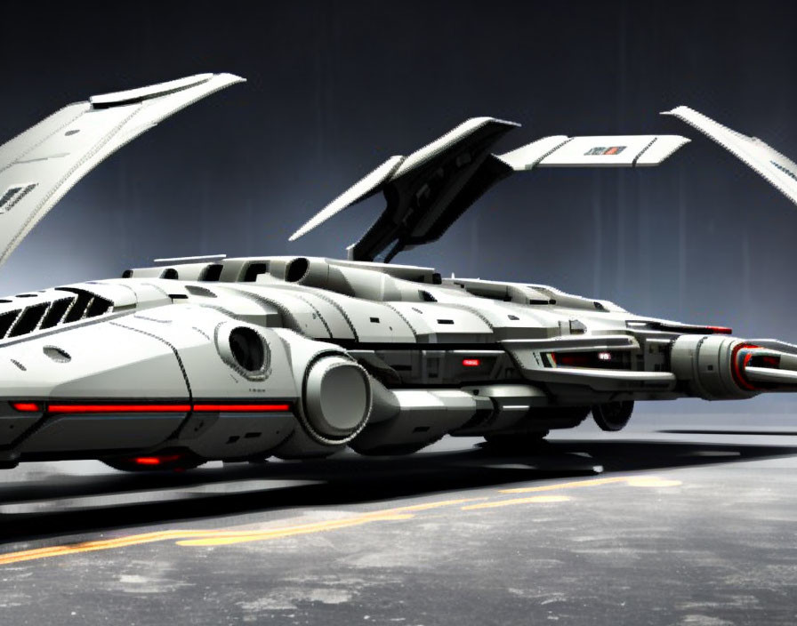 Sleek futuristic spacecraft with open wing doors and red accents