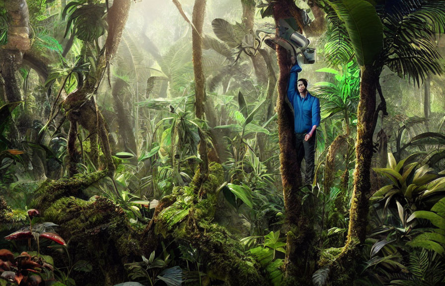 Lush jungle scene with person holding video camera