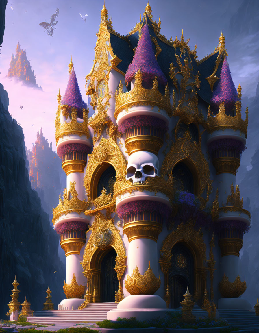 Fantasy palace with golden and purple accents against mountainous twilight backdrop