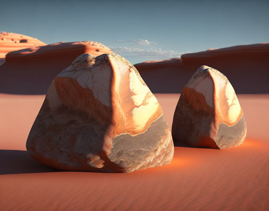 Large rocks casting shadows in red desert at sunset