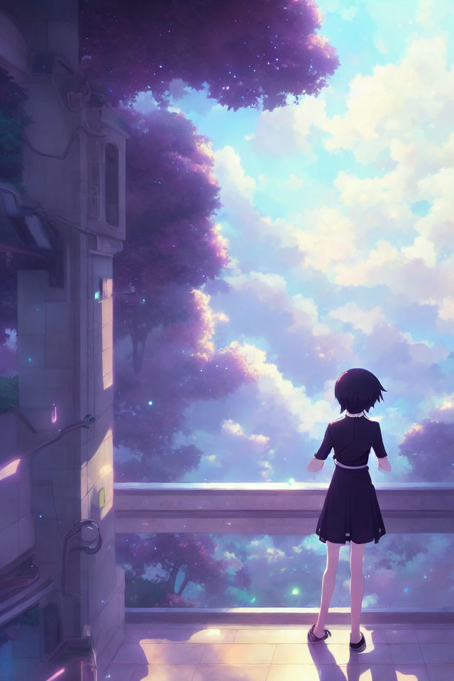 Short-haired girl on balcony admires dreamy pastel sky with fluffy clouds and soft light.