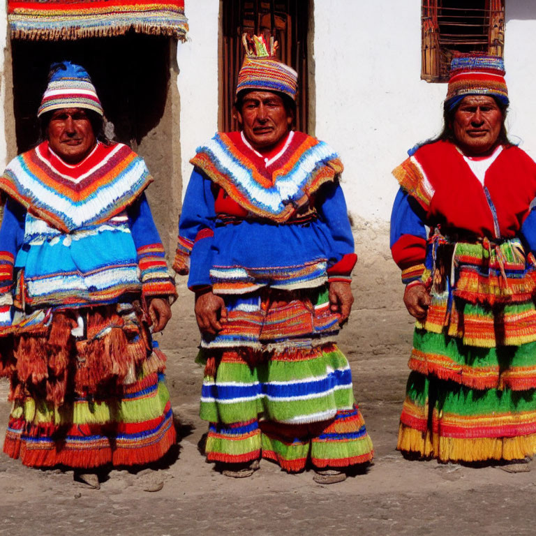 Andean Attired Individuals in Front of White Building