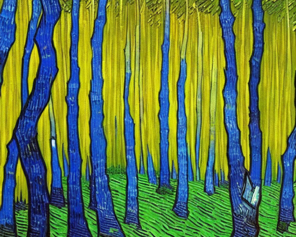 Abstract painting of blue trees on yellow and green background