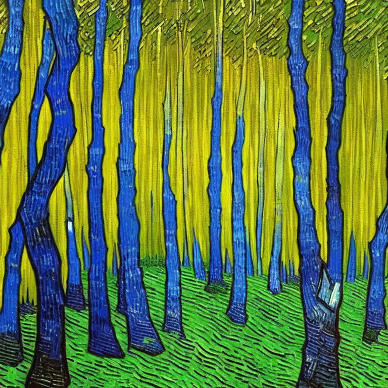 Abstract painting of blue trees on yellow and green background