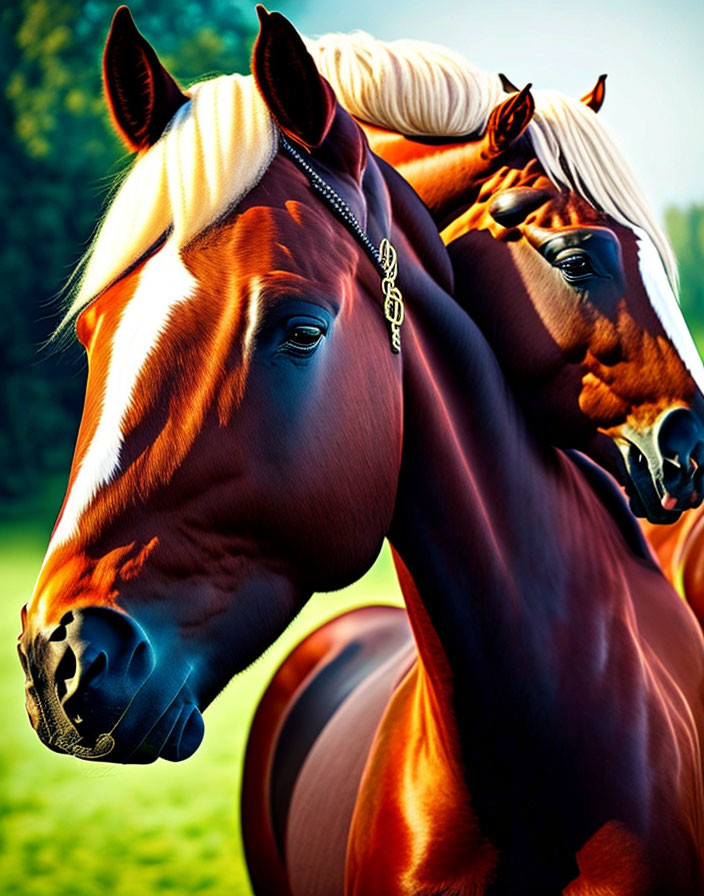 Chestnut-coated horses with blonde manes in sunny field