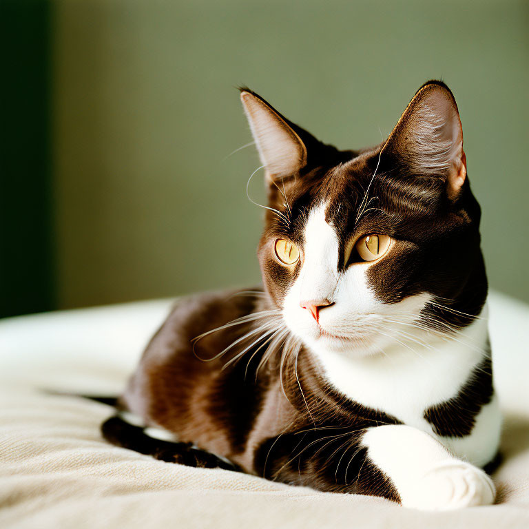 Black and White Cat with Amber Eyes Lounging Thoughtfully