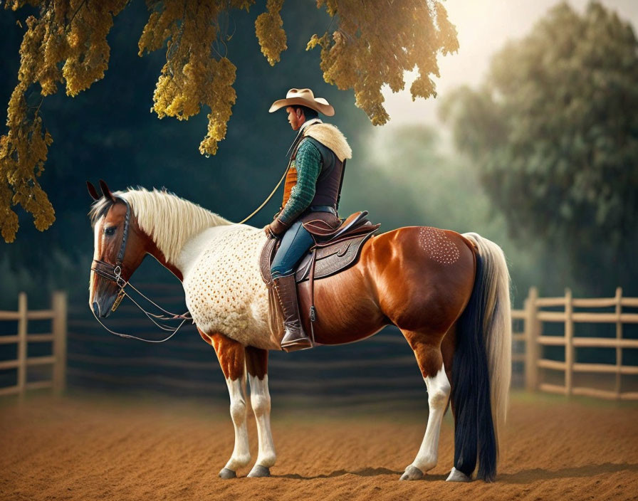 Cowboy riding brown and white horse in sandy enclosure with yellow flowering trees.