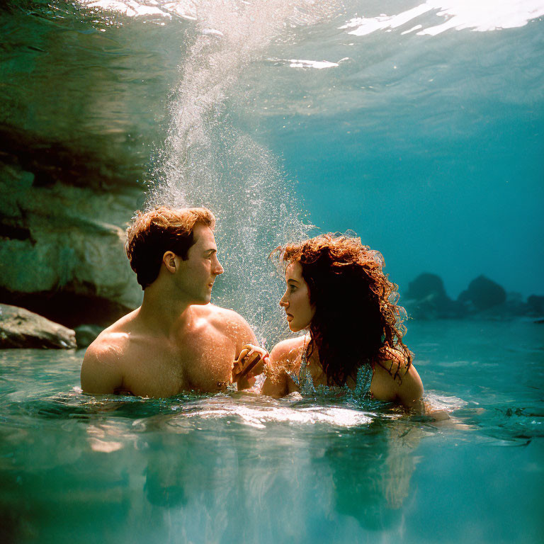 Couple holding hands by sunlit water with splash