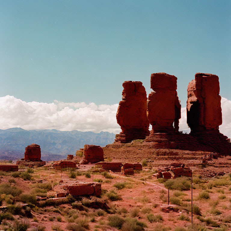 Red Sandstone Formations in Desert Landscape with Sparse Vegetation