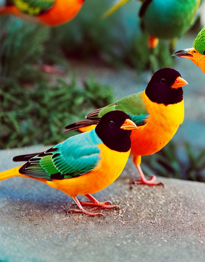 Colorful Birds with Orange Heads and Black Masks Perched Together