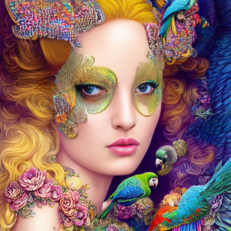 Colorful digital artwork of woman with golden curls and ornate mask, surrounded by birds and flowers