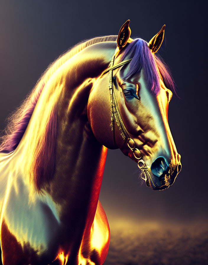 Digitally enhanced horse image: Orange to purple gradient, purple hair, gold bridle, moody