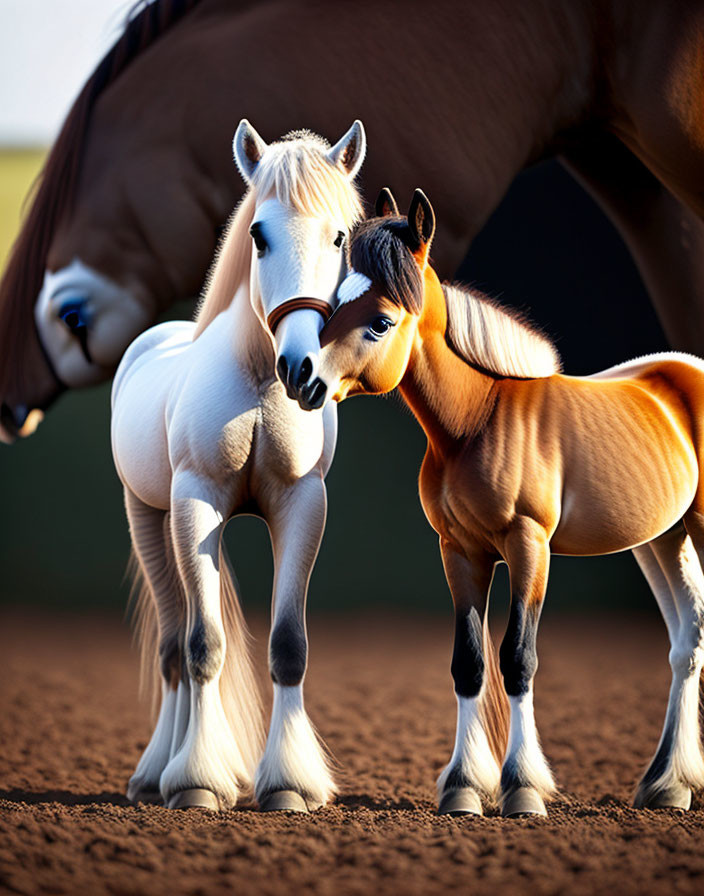 Two horses, one white and one brown, sharing a tender moment together.