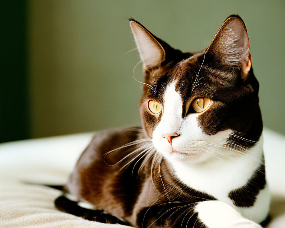 Black and White Cat with Amber Eyes Lounging Thoughtfully