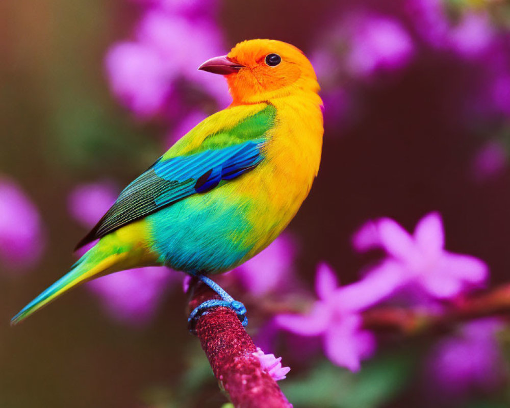 Colorful Bird with Yellow Head and Blue-Green Wings on Branch with Purple Flowers