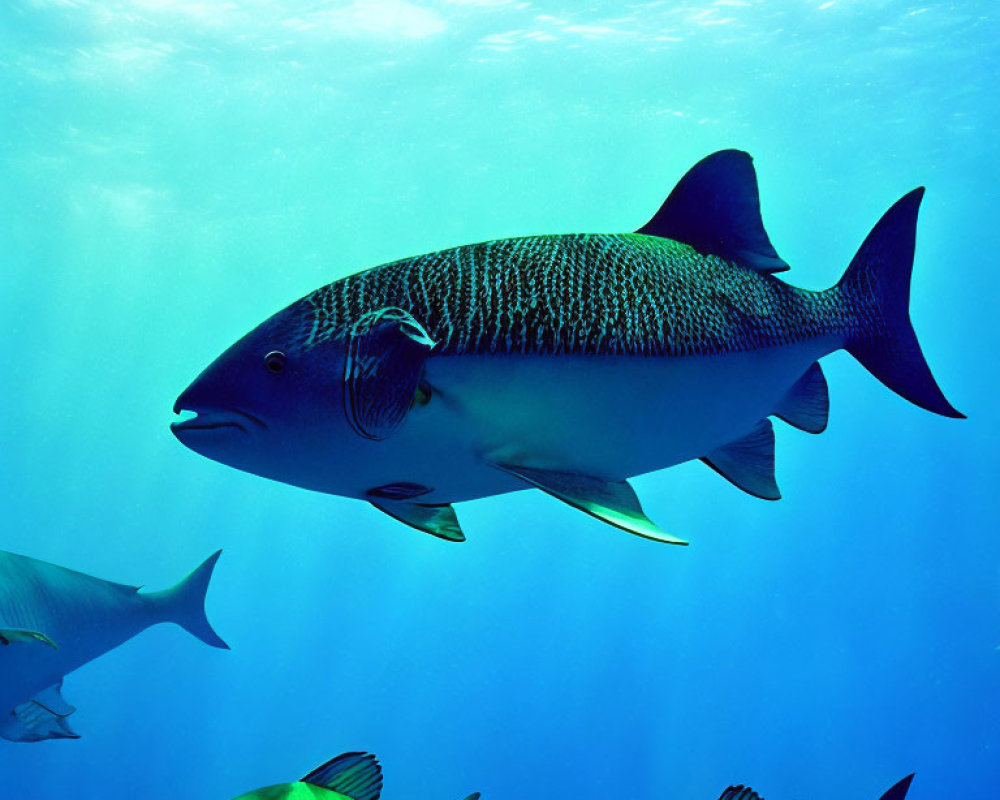 Vertical Striped Large Fish Swimming with Small Yellow-Green Fish