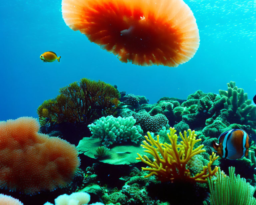 Colorful Underwater Scene: Orange Jellyfish, Vibrant Coral Reef & Marine Life