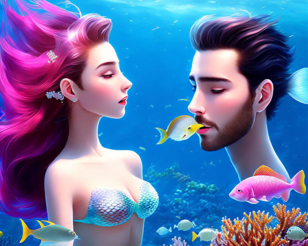 Mermaid and Merman Underwater Scene with Colorful Fish and Coral