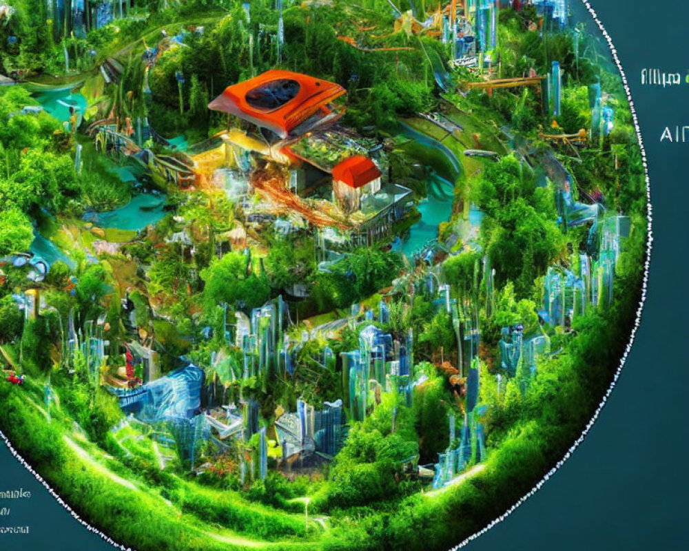 Circular Panoramic Image of Futuristic Green City with Advanced Buildings and Stadium