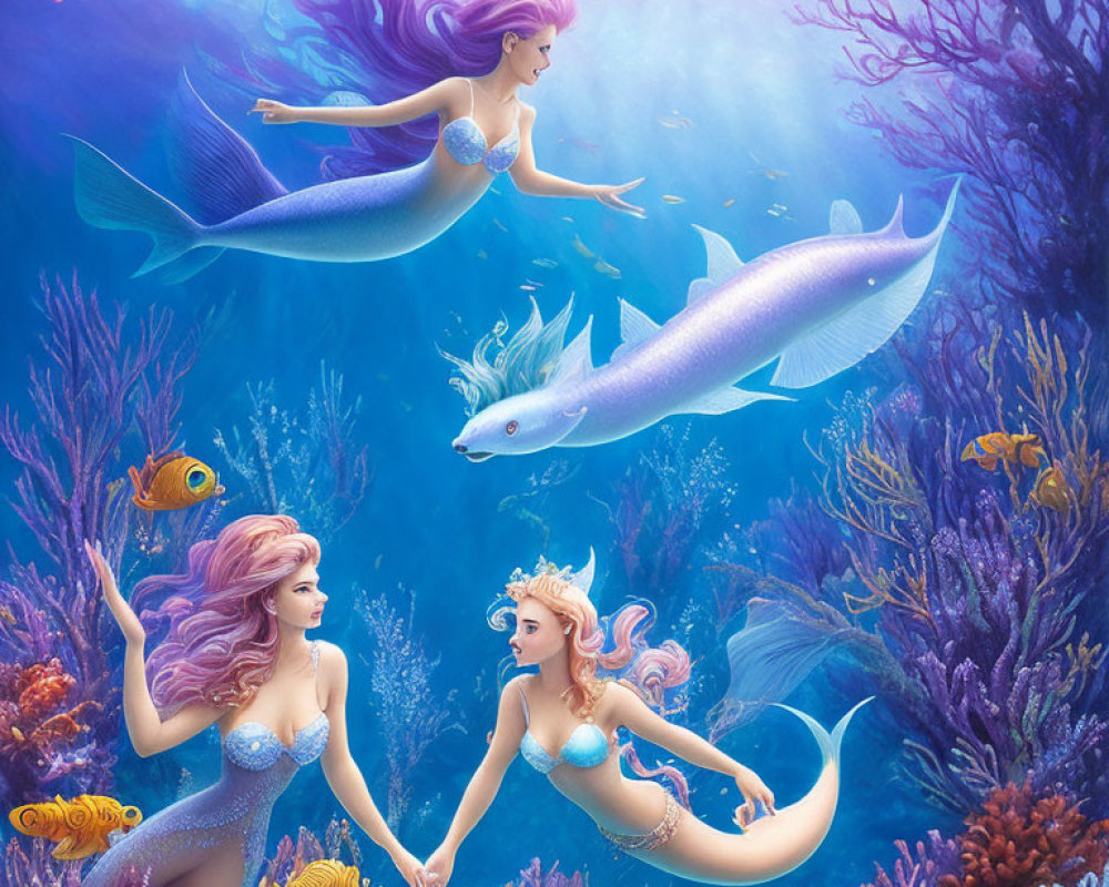 Three mermaids swimming among vibrant coral reefs and colorful fish in serene underwater scene