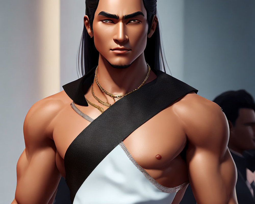 Muscular animated character in white top with black sash and gold necklaces