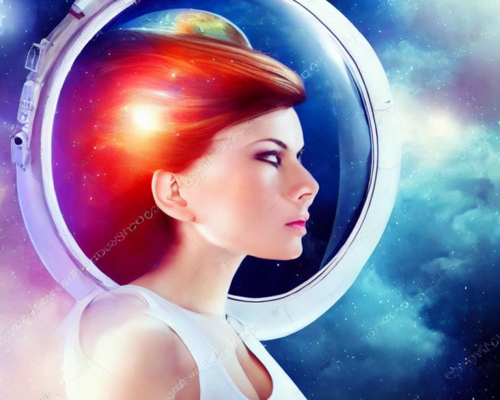 Woman gazes from spaceship porthole with galaxy merging into hair