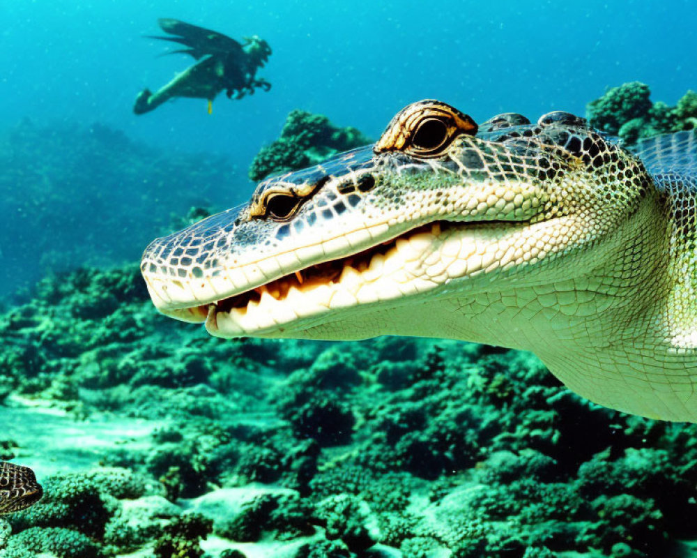 Sea turtle and diver among vibrant marine life underwater.