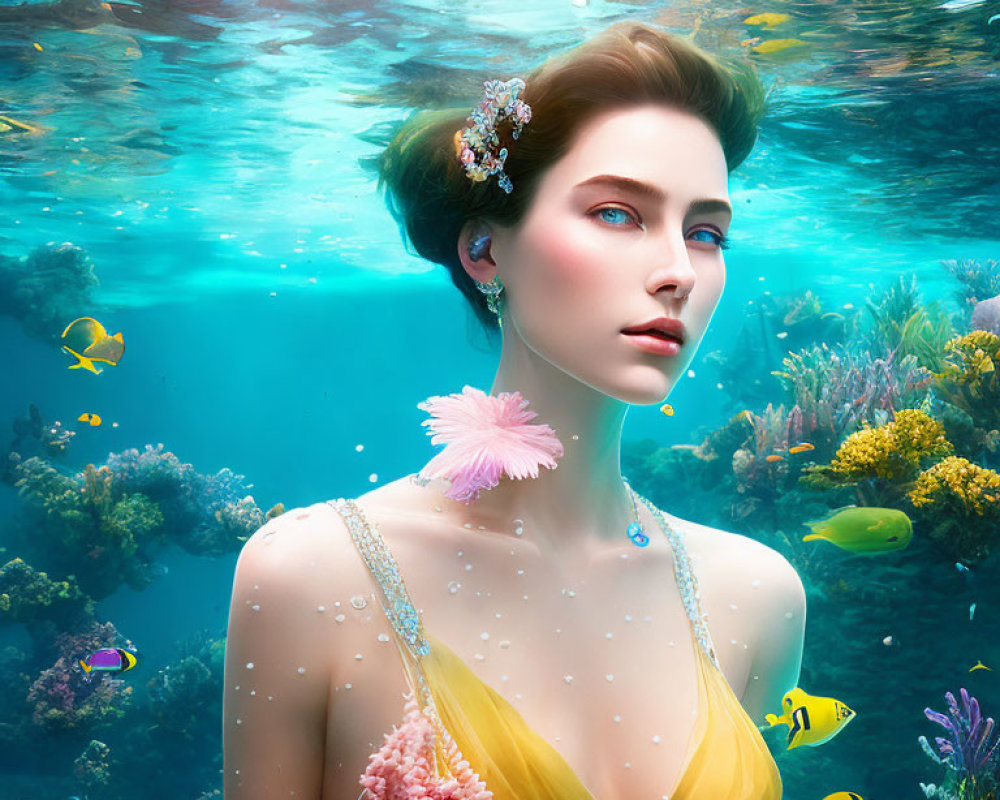 Woman with floral hairpiece in vibrant underwater scene with coral reefs and tropical fish