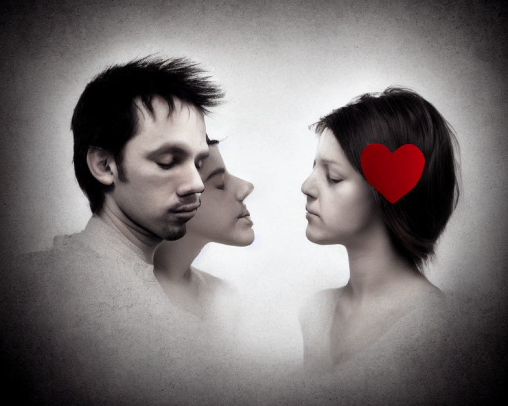 Dual portrait with mirrored effect and red heart symbol depicting love or connection