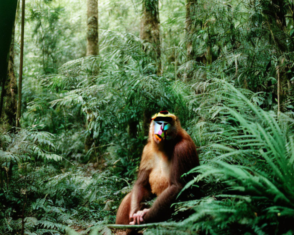 Colorful mandrill in lush green forest setting