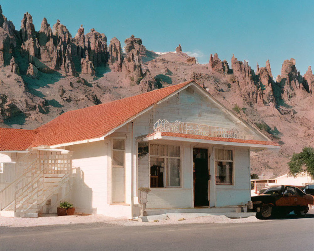 Vintage white building, classic car, mountains backdrop.