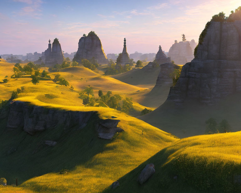 Tranquil Sunrise Landscape with Golden Hills and Rock Formations