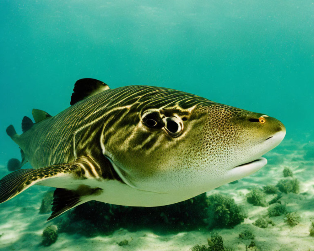 Pufferfish swimming near sea floor in clear, shallow water