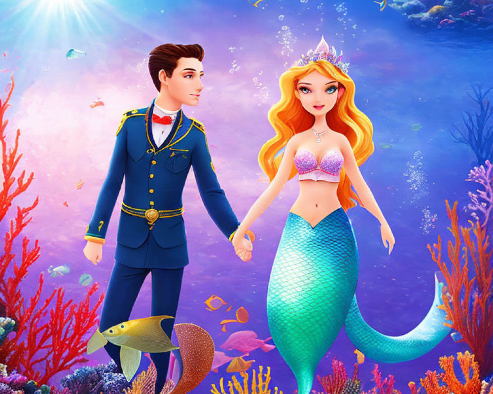 Prince and mermaid in vibrant underwater scene with colorful fish, coral, and sunbeams