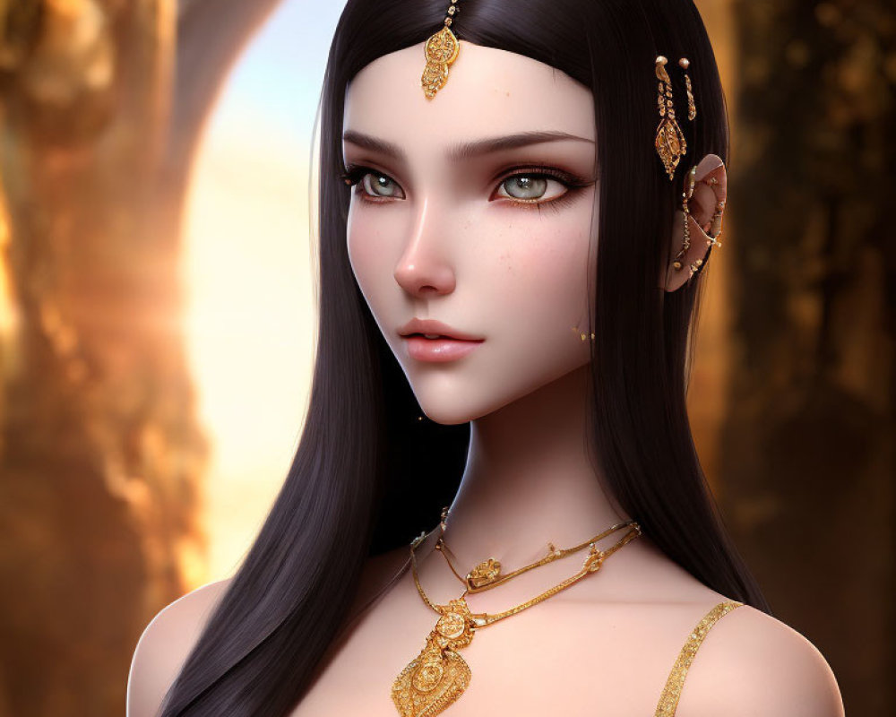 3D rendered image of woman with big brown eyes and long black hair in gold jewelry on golden backdrop