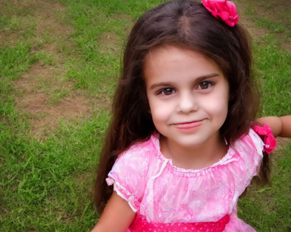 Smiling young girl in pink dress with flower in hair outdoors