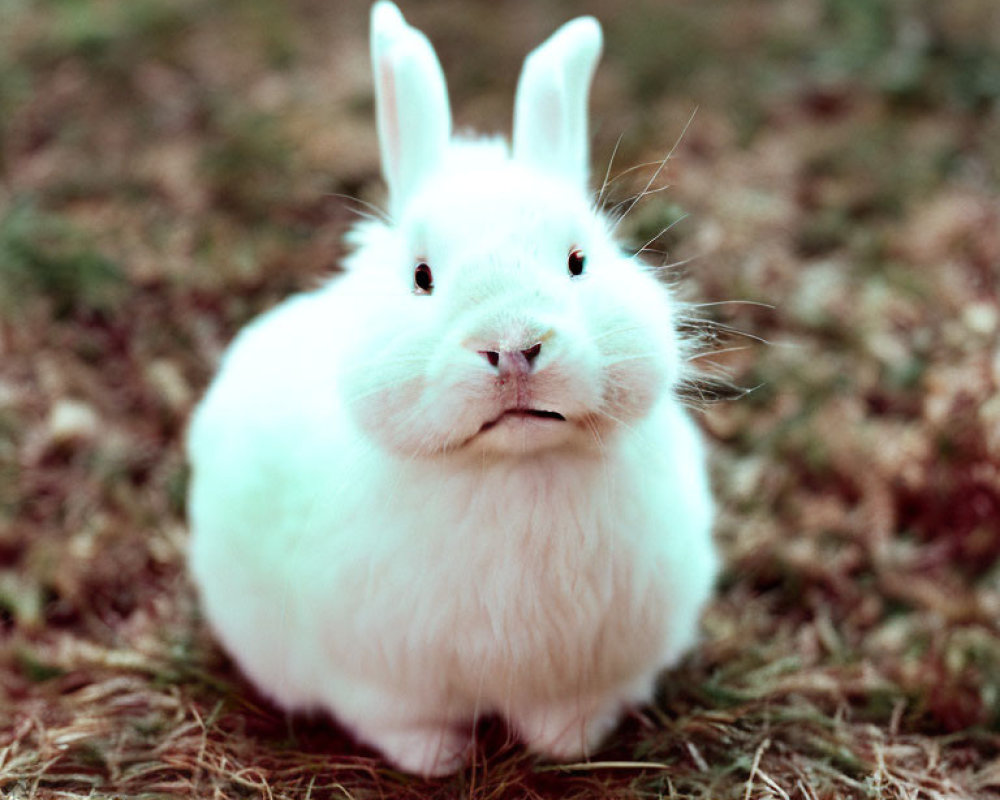 Fluffy white rabbit with upright ears on grassy ground