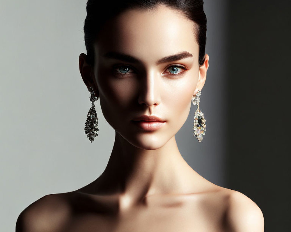 Portrait of Woman with Striking Blue Eyes and Elegant Earrings