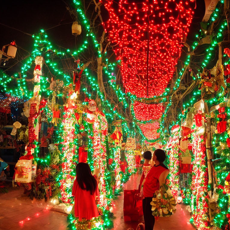 Nighttime Christmas lights display with people walking through festive outdoor area