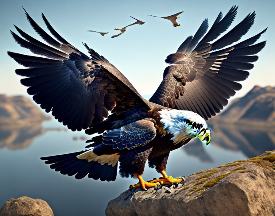 Majestic eagle perched on rock by calm lake with mountains.