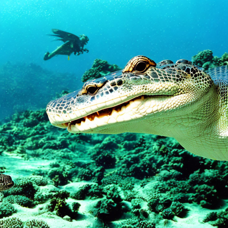 Sea turtle and diver among vibrant marine life underwater.