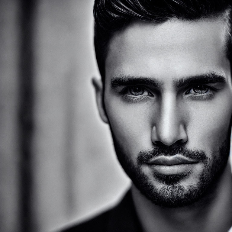 Monochrome close-up portrait of intense bearded man